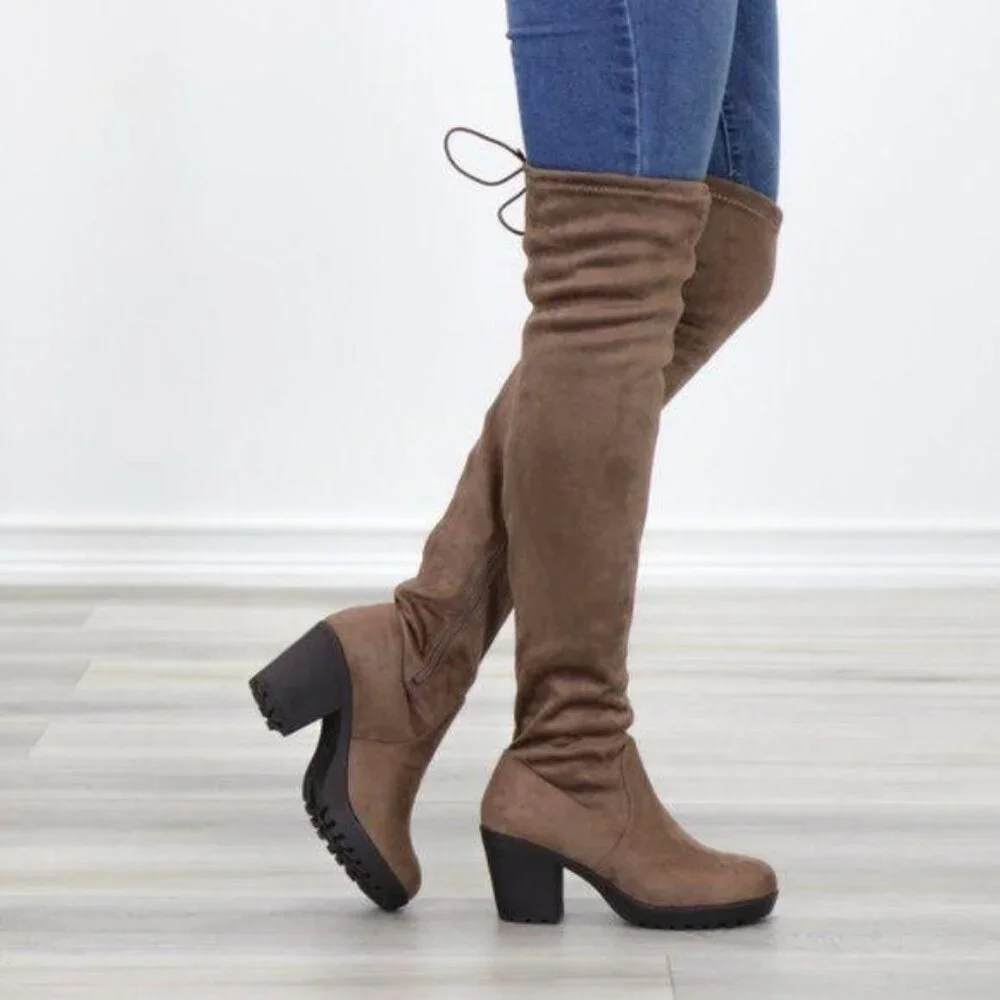 Taupe Thigh High Suede Boots Lug Chunky Heel - Picture 1 of 15